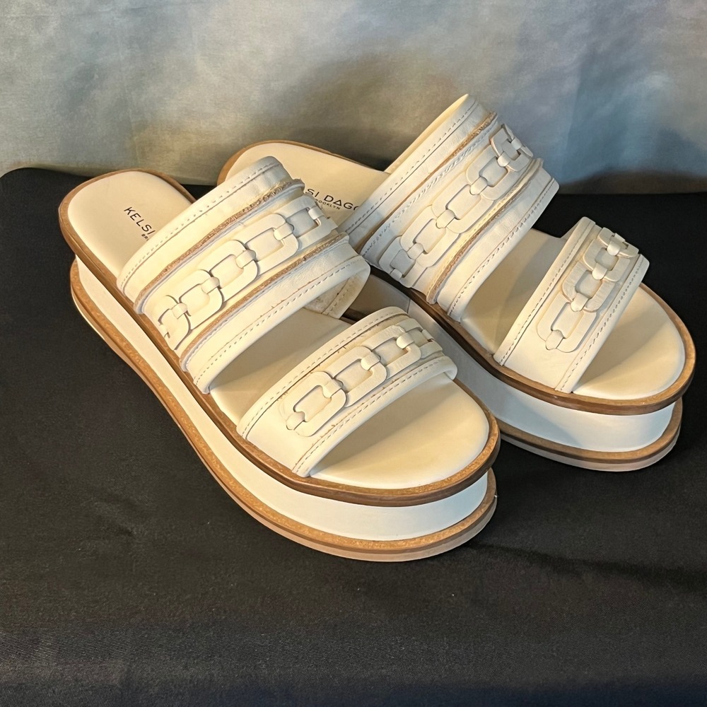 Kelsi Dagger Brooklyn Drift Salt Platform Sandals White Leather Chain Detail